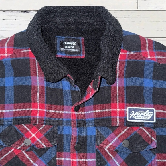 Hurley Sherpa Lined Plaid Jacket Men’s Medium Red Blue Flannel Coat - Picture 8 of 10